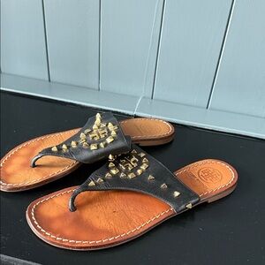 Tory Burch Black Leather Studded Thong Sandals with Gold Accents